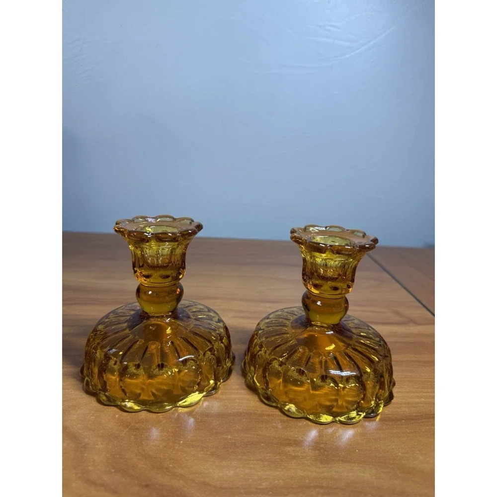 Pair- Vintage Fenton Glass Colonial Amber Thumbprint Reversible Candle Holders